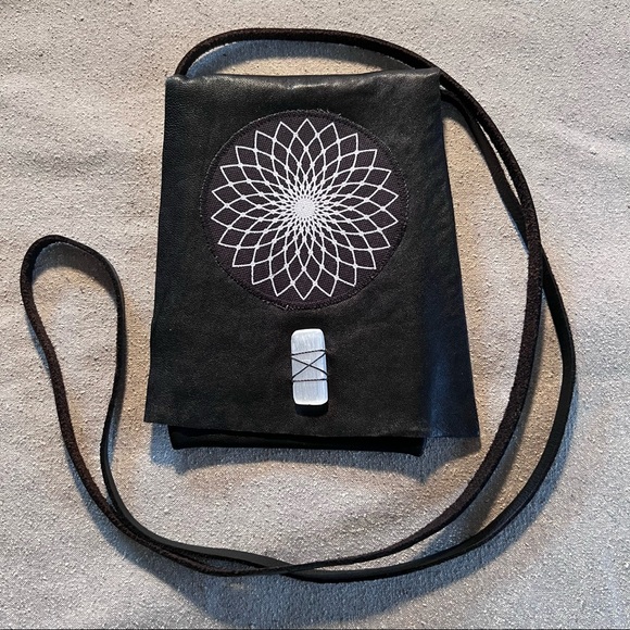 Handcrafted Upcycled Leather Sundial & Selenite Crossbody (phone,etc.) P… - Picture 3 of 6